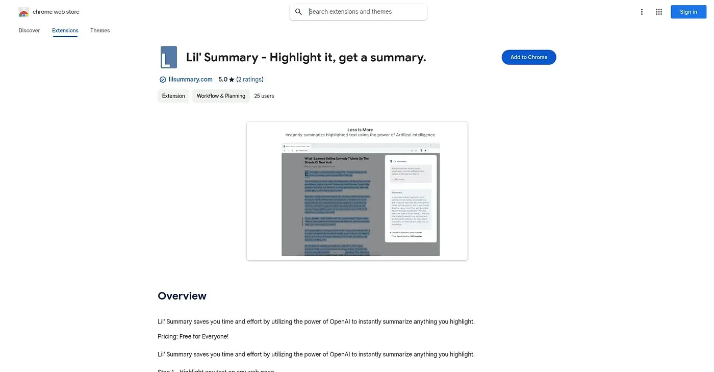 Screenshot of Lil Summary Chrome Extension