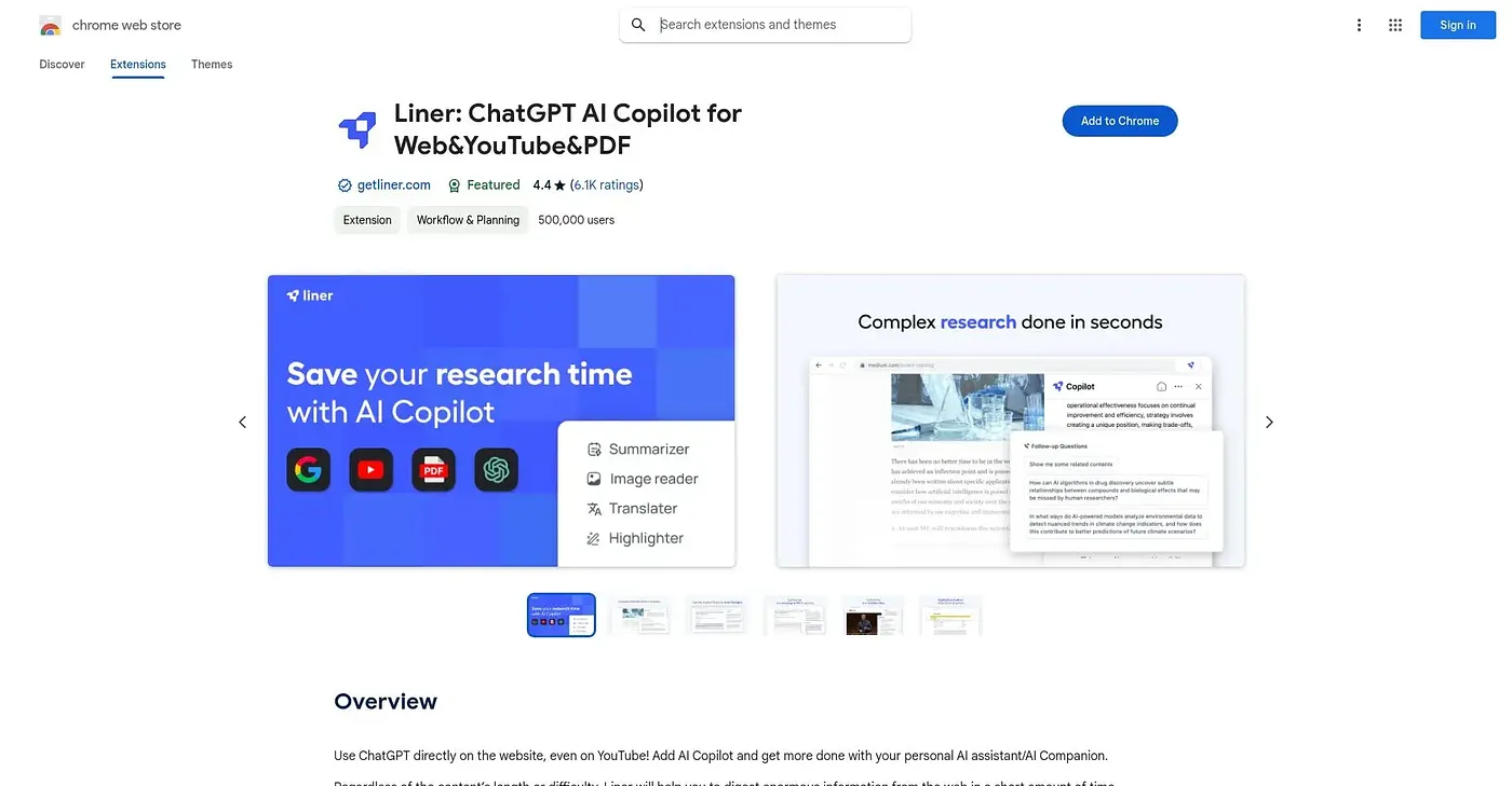 Screenshot of Liner ChatGPT AI Copilot Chrome Extension