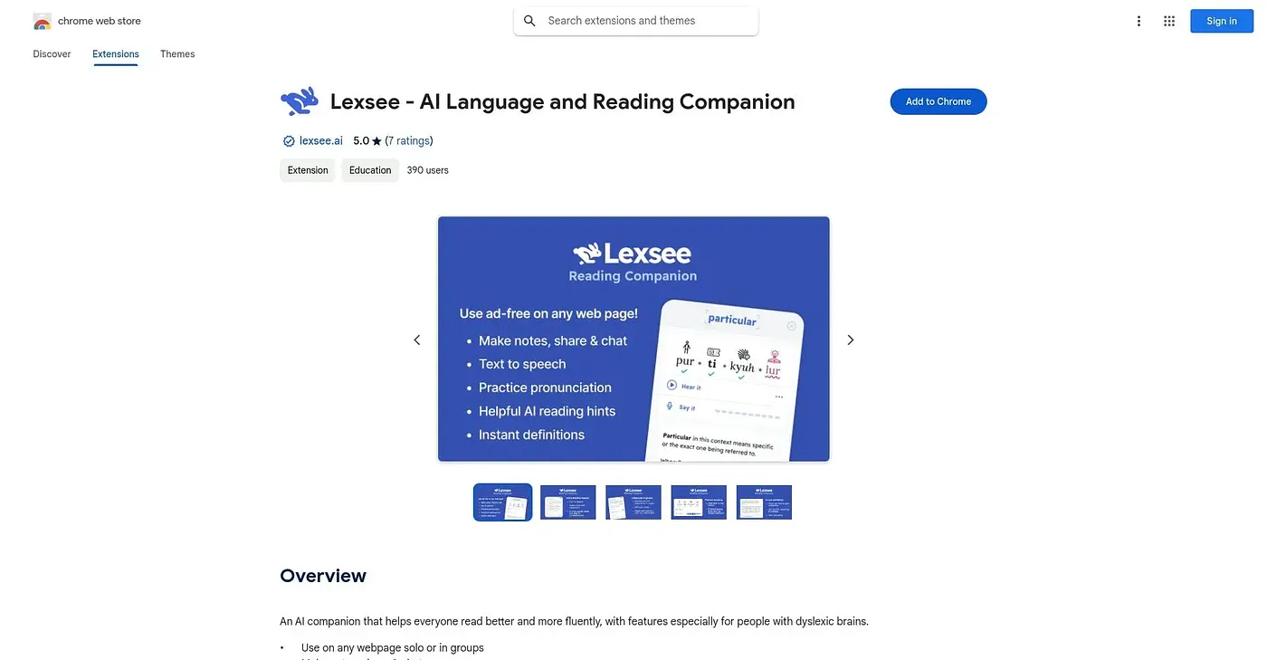 Screenshot of Lexsee Dyslexia Reading Companion Chrome Extension