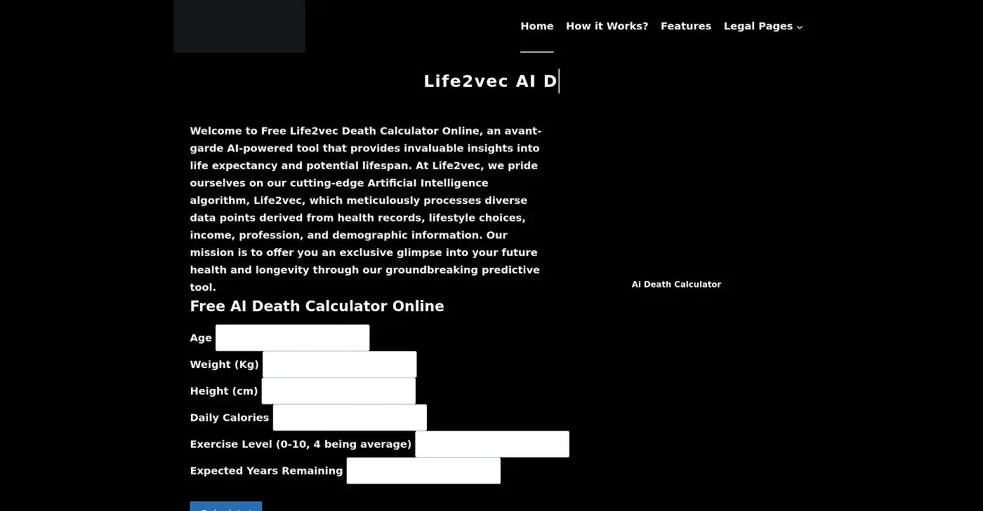 Screenshot of Life2vec AI Death Calculator