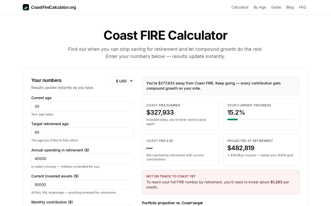 Screenshot of Coast FIRE Calculator