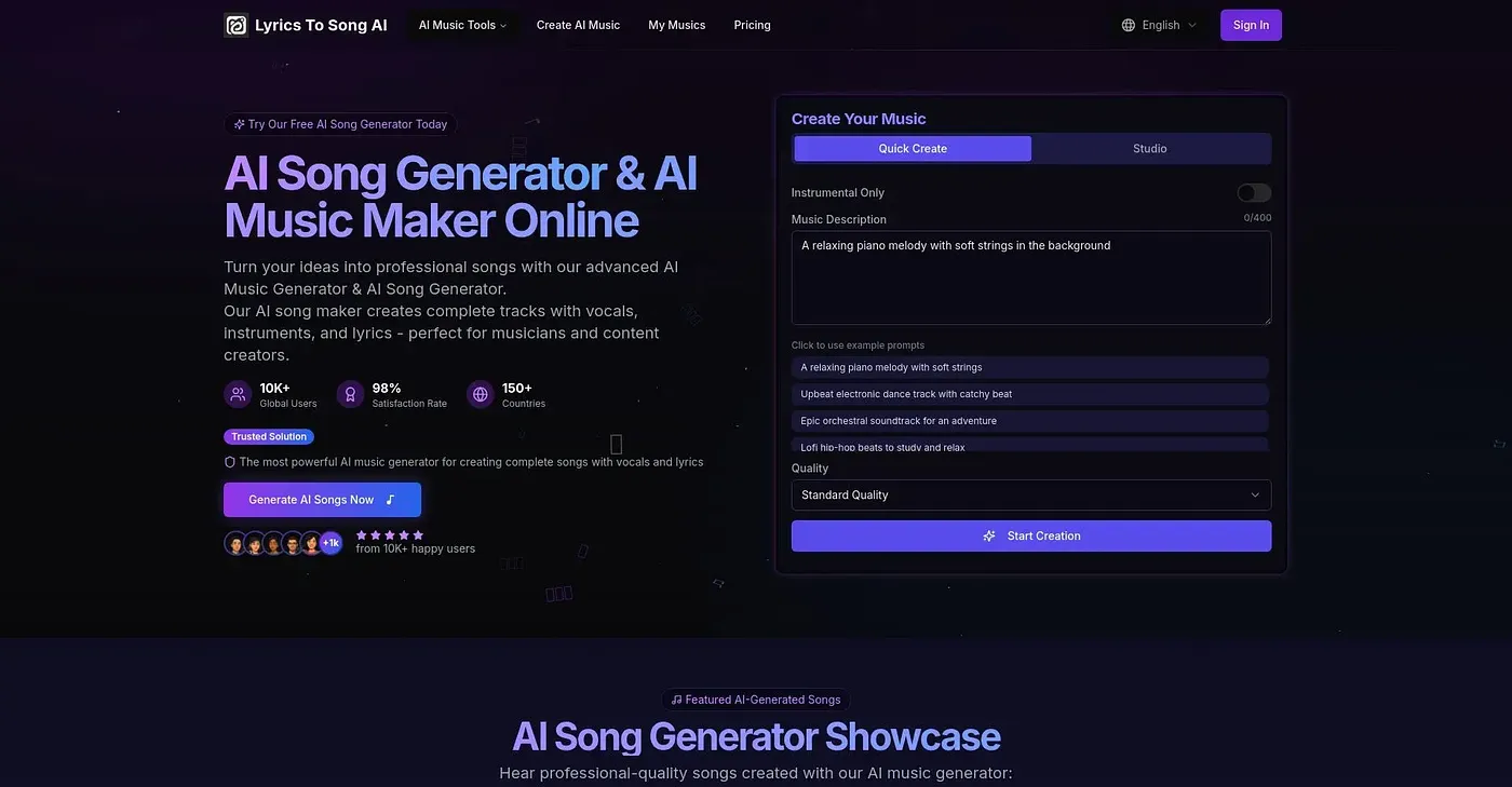 Screenshot of LyricsToSongAI