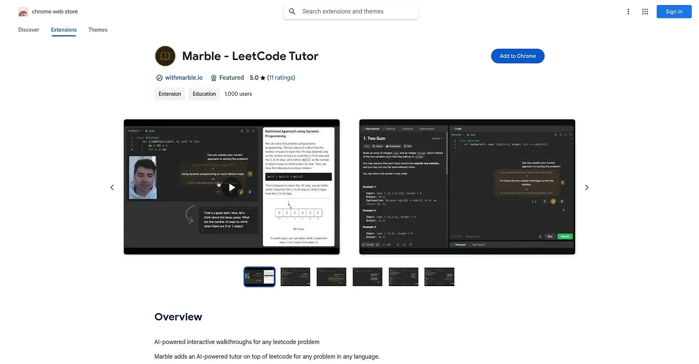 Screenshot of Marble LeetCode Tutor Chrome Extension