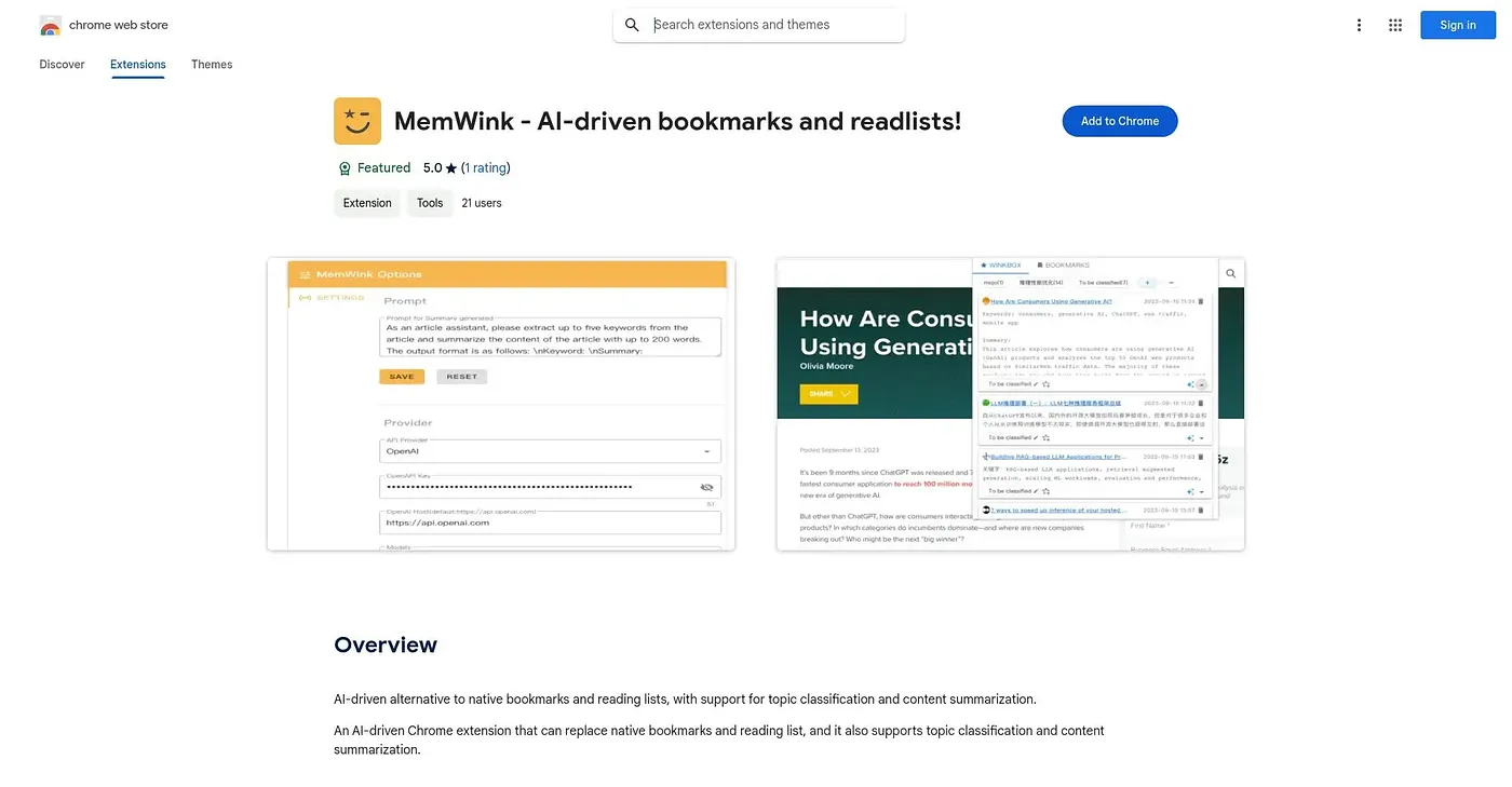 Screenshot of Memwink AI-Driven Chrome Extension