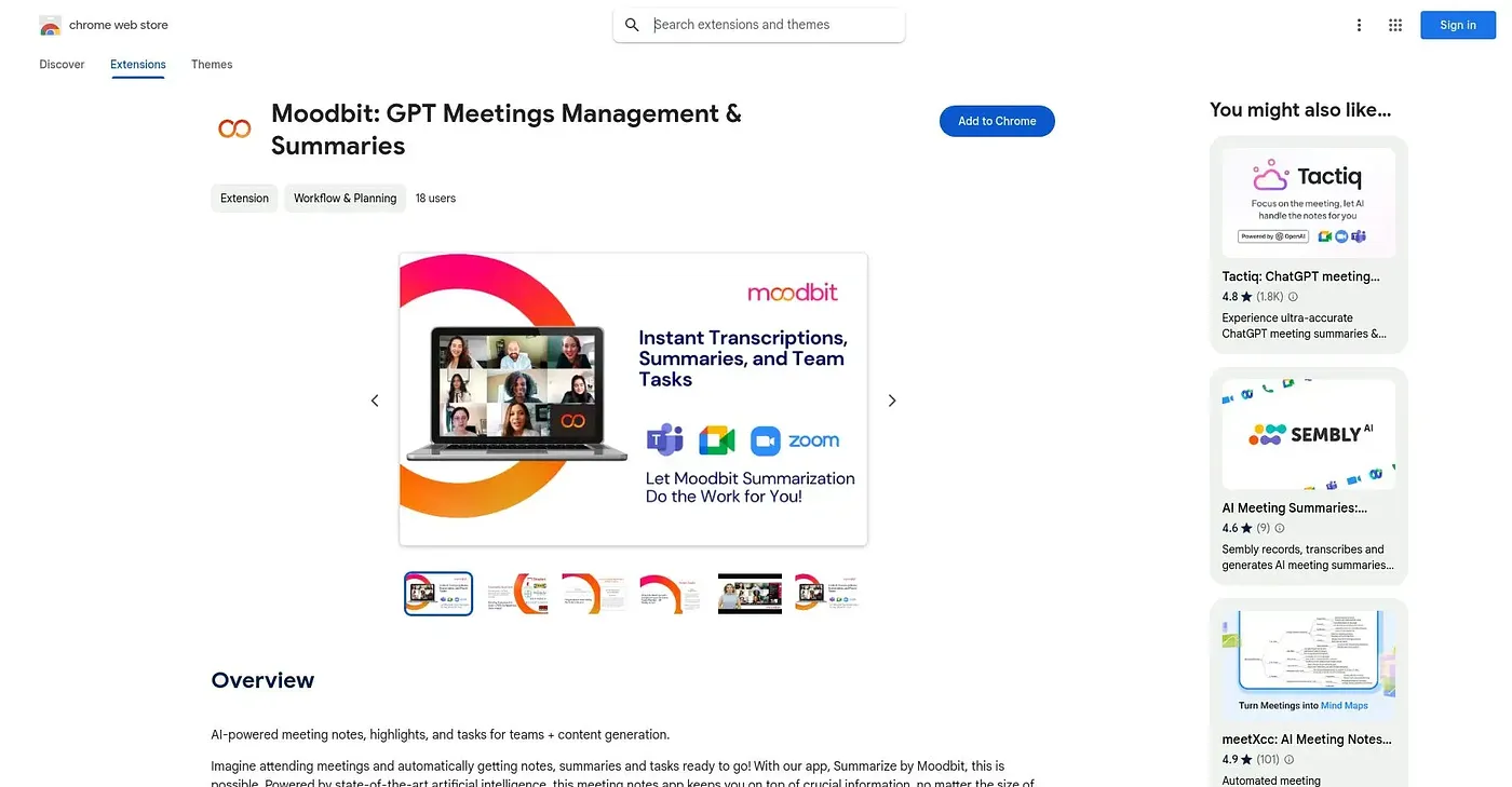 Screenshot of Moodbit GPT Meetings Mana Chrome Extension