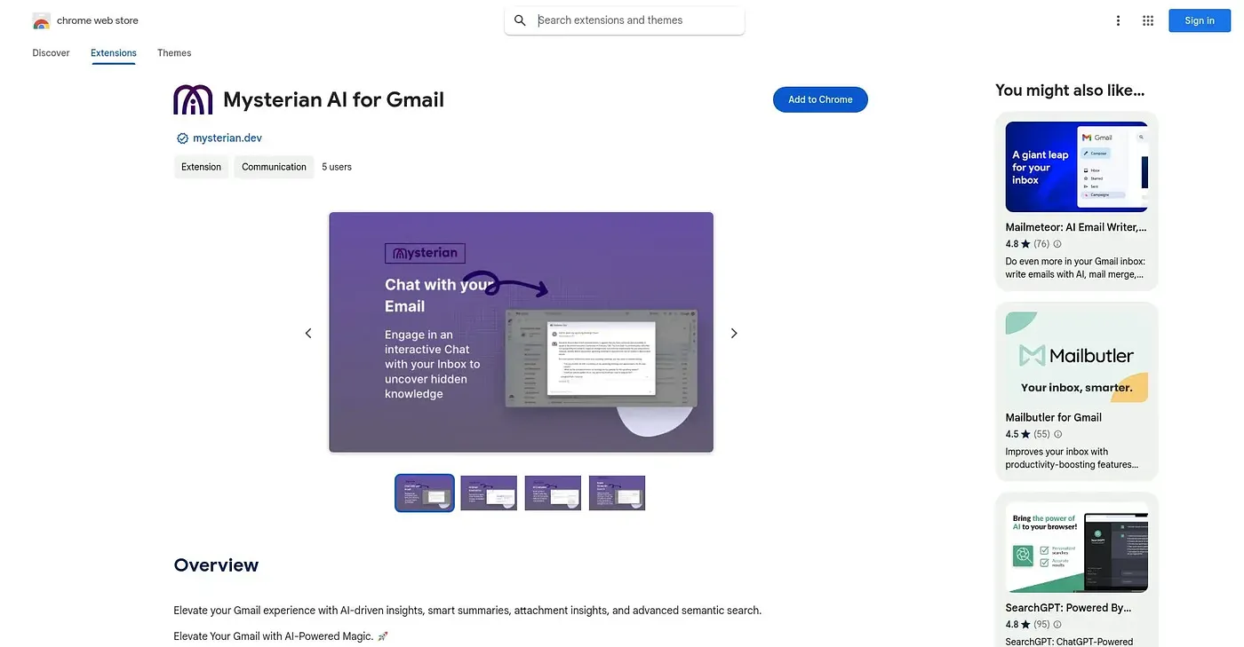 Screenshot of Mysterian AI for Gmail Chrome Extension