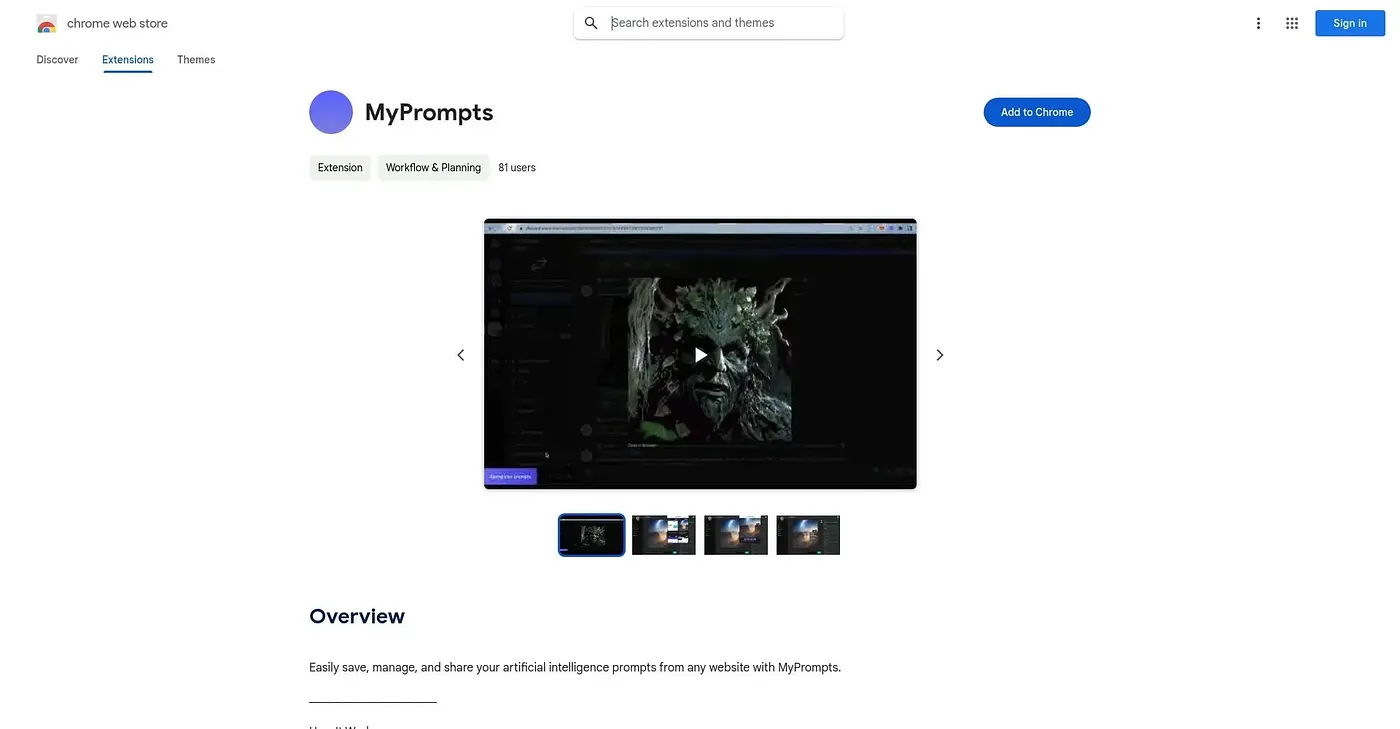 Screenshot of MyPrompts Chrome Extension