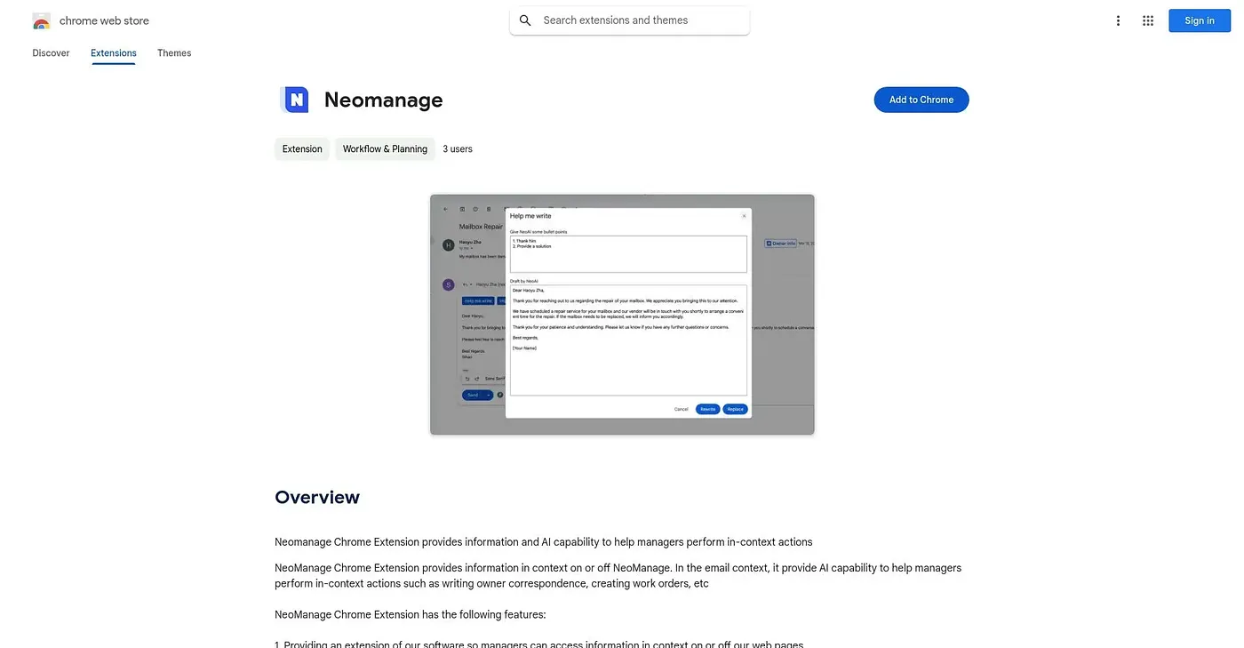Screenshot of Neomanage Chrome Extension