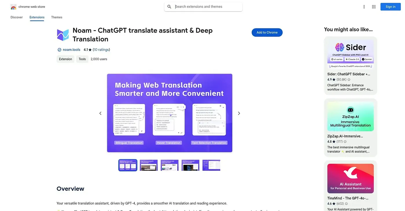 Screenshot of Noam ChatGPT Translate As Chrome Extension