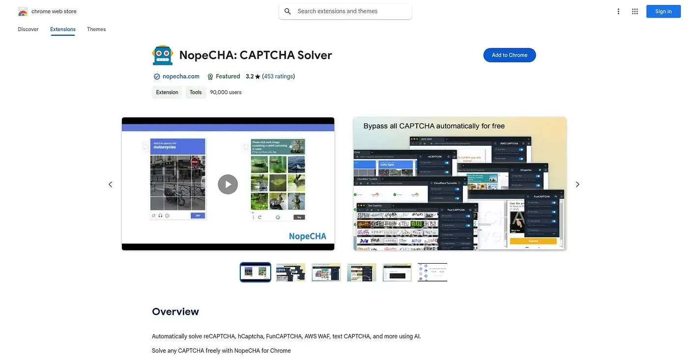 Screenshot of Nopecha CAPTCHA Solver Chrome Extension