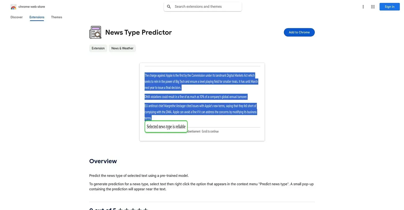 Screenshot of News Type Predictor Chrome Extension