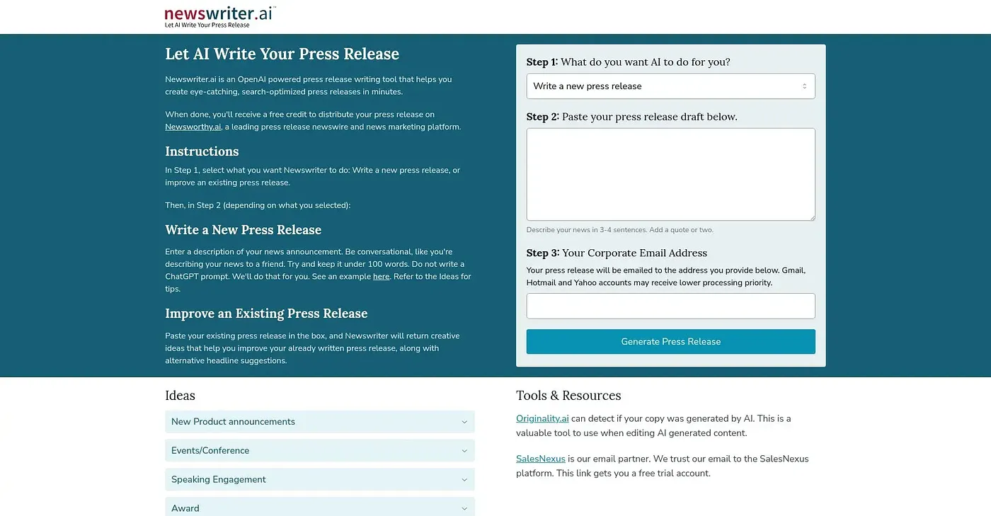 Screenshot of News Writer AI