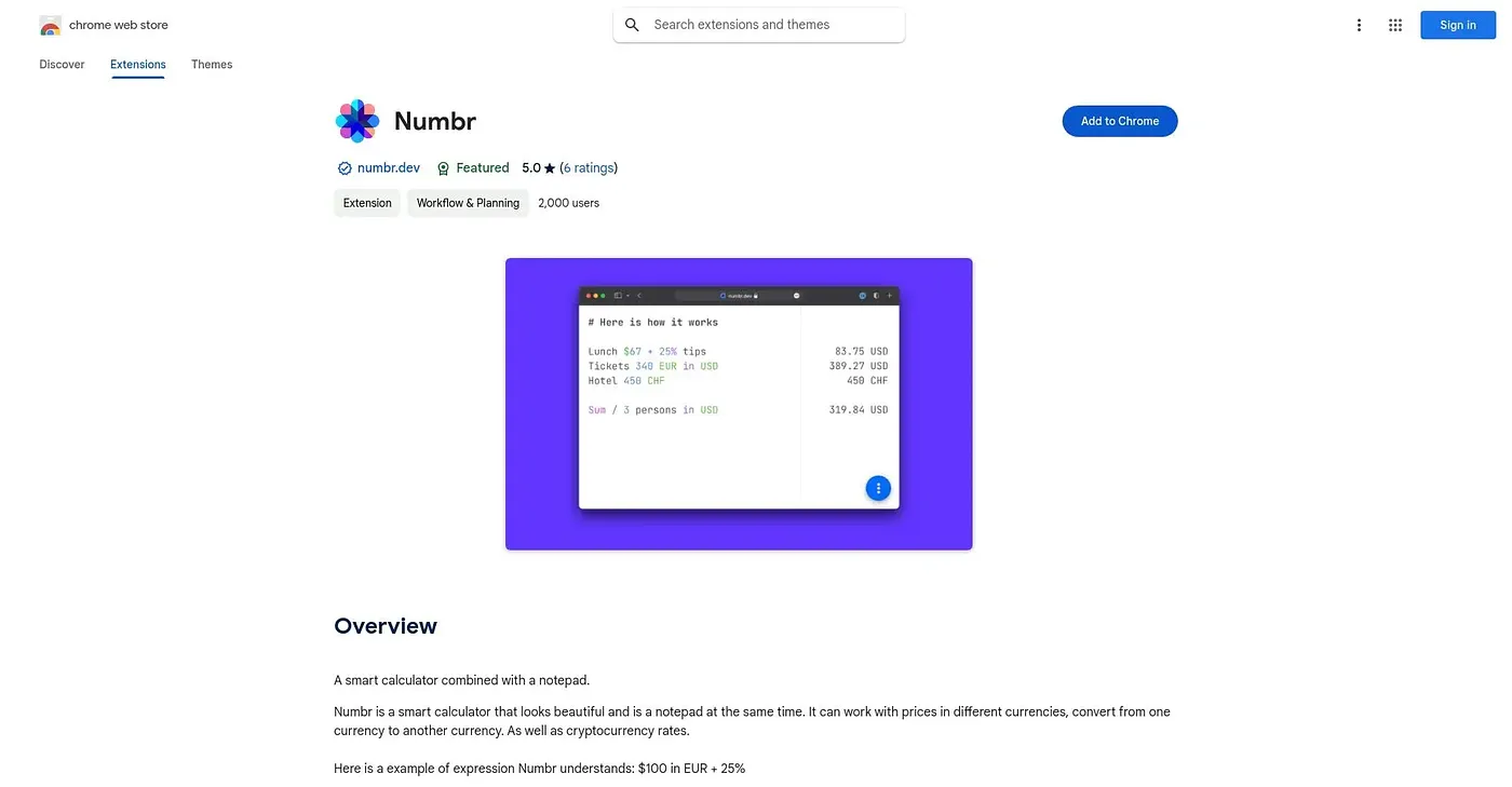Screenshot of Numbr Chrome Extension