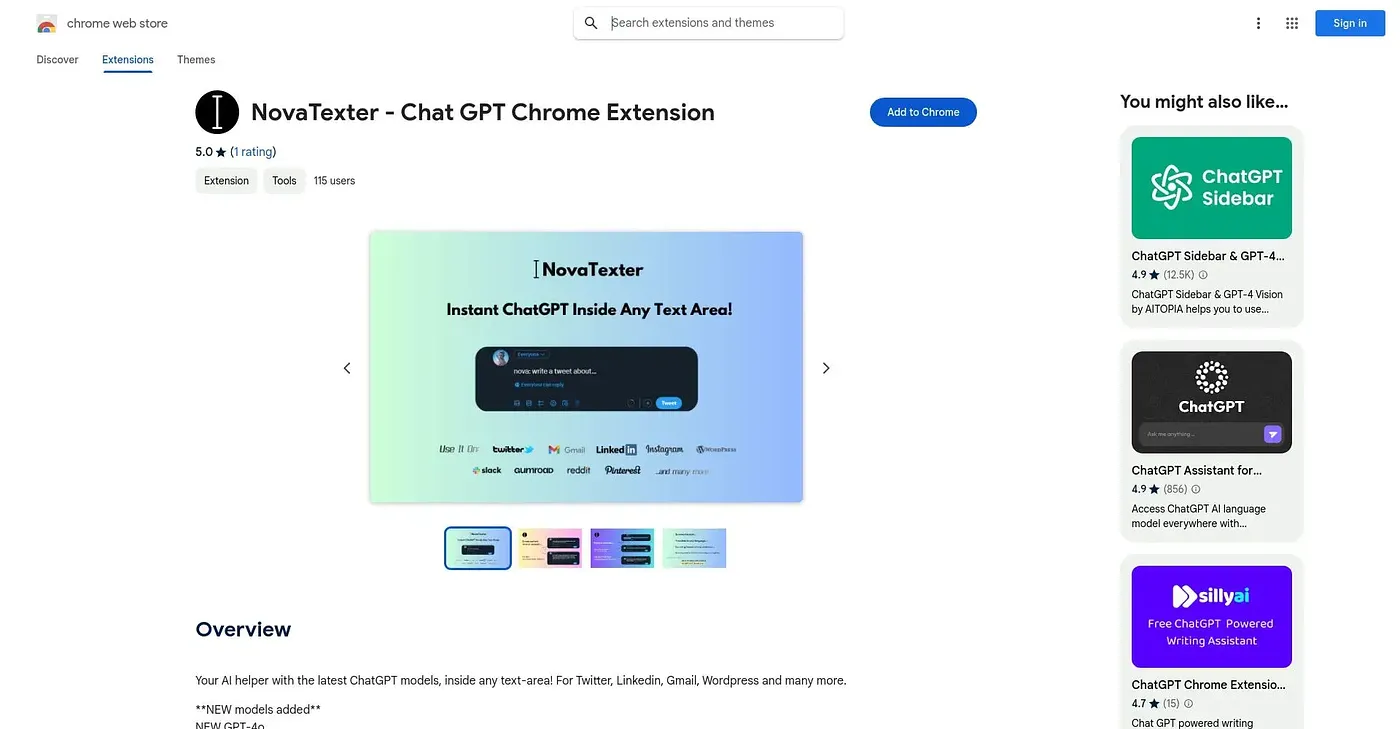 Screenshot of NovaTexter Chat GPT Chrome Extension
