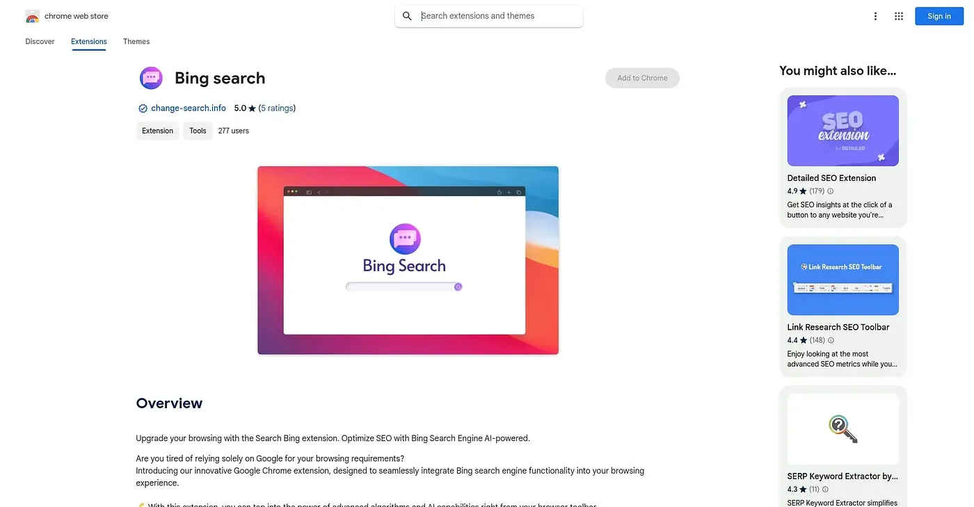 Screenshot of Search Bing Chrome Extension