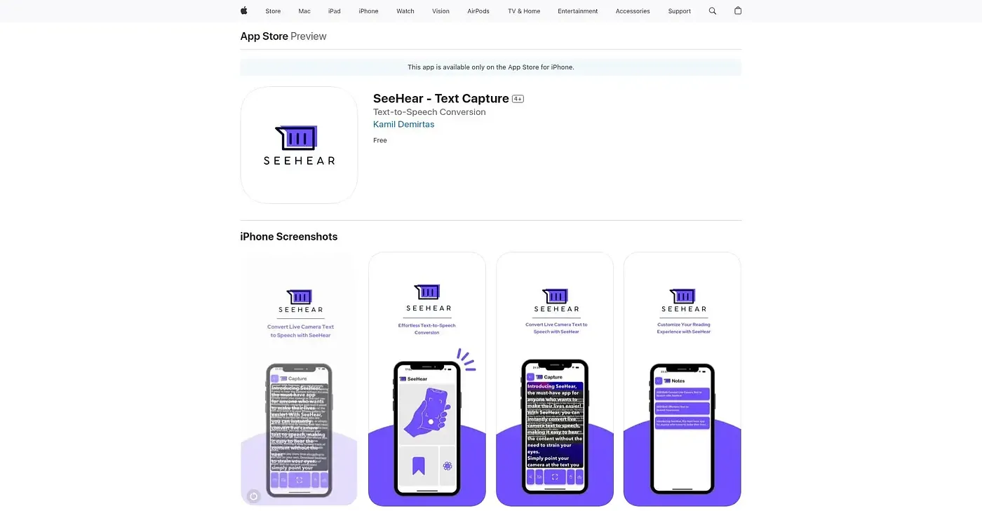 Screenshot of SeeHear - Text Capture