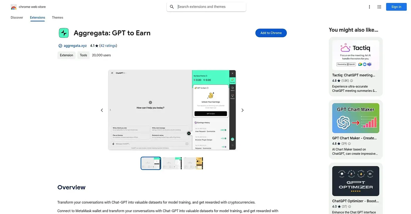 Screenshot of Aggregata GPT to Earn Chrome Extension