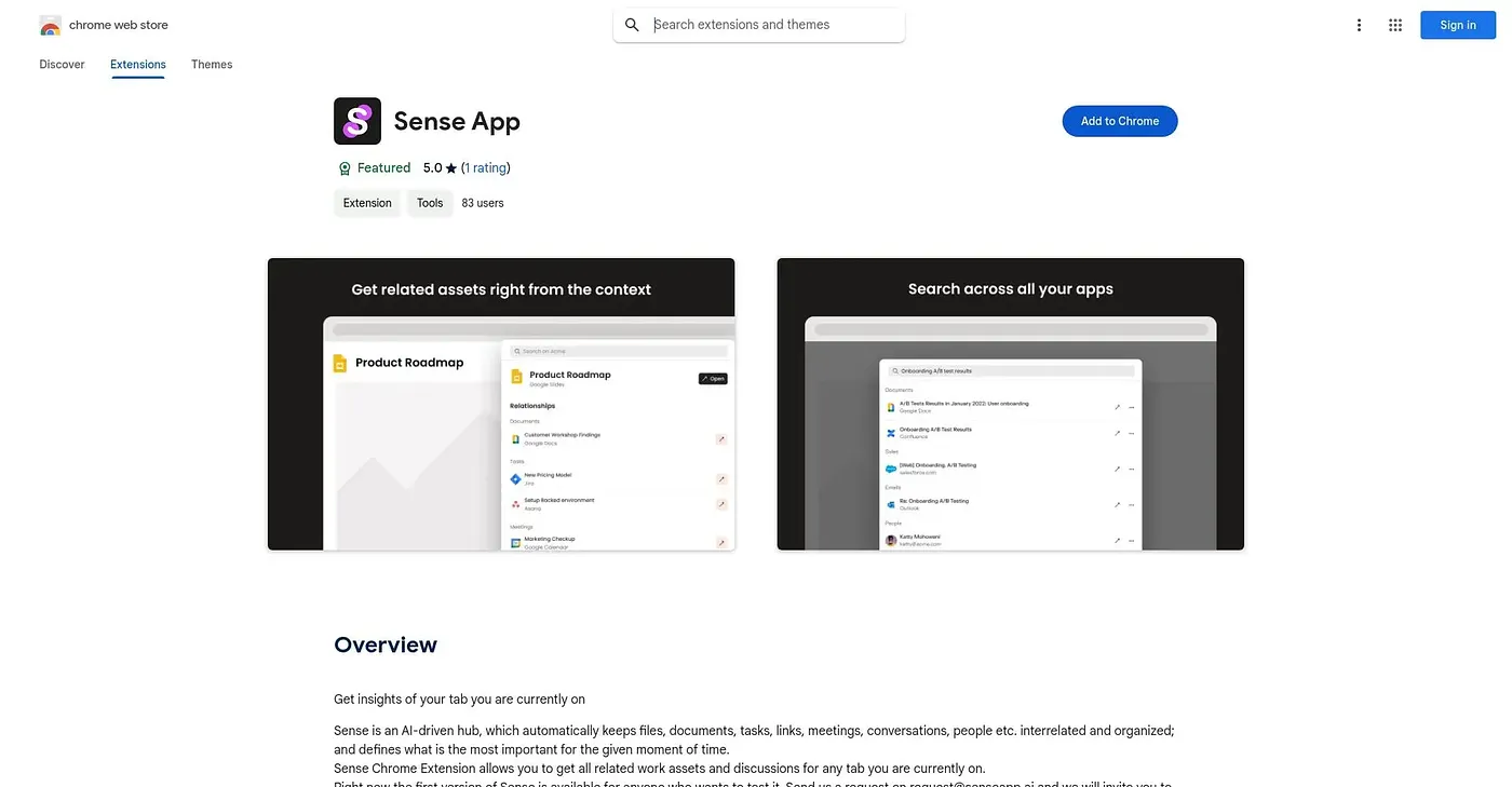 Screenshot of Sense App Chrome Extension