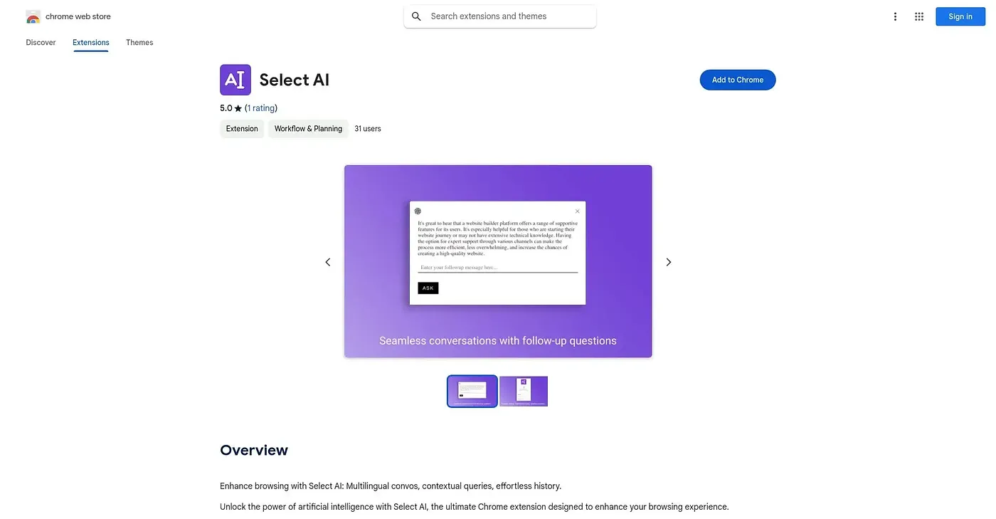 Screenshot of Select AI Chrome Extension