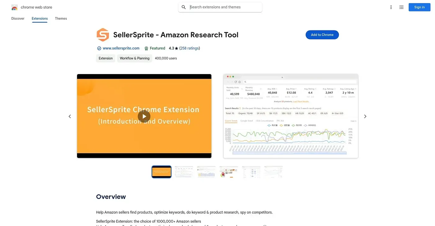 Screenshot of Sellersprite Chrome Extension