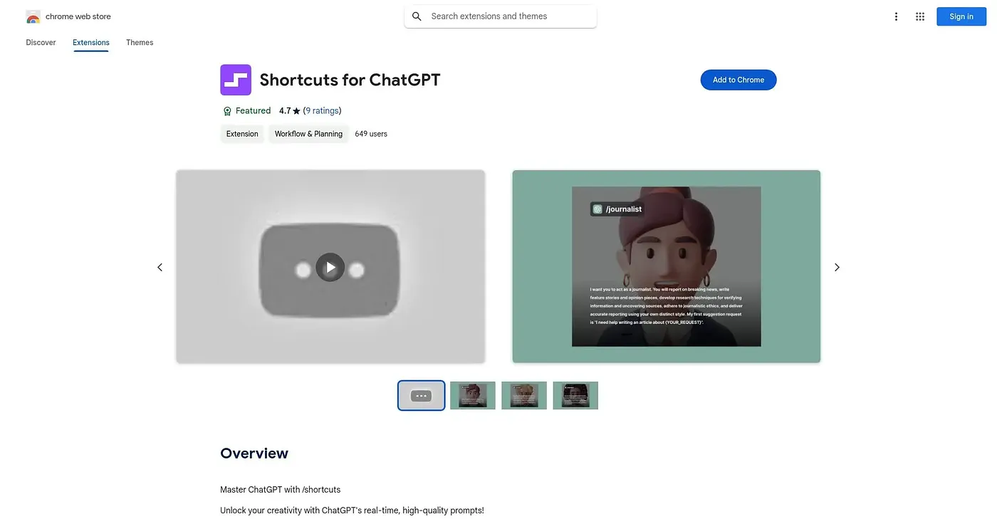 Screenshot of Shortcuts for ChatGPT Chrome Extension