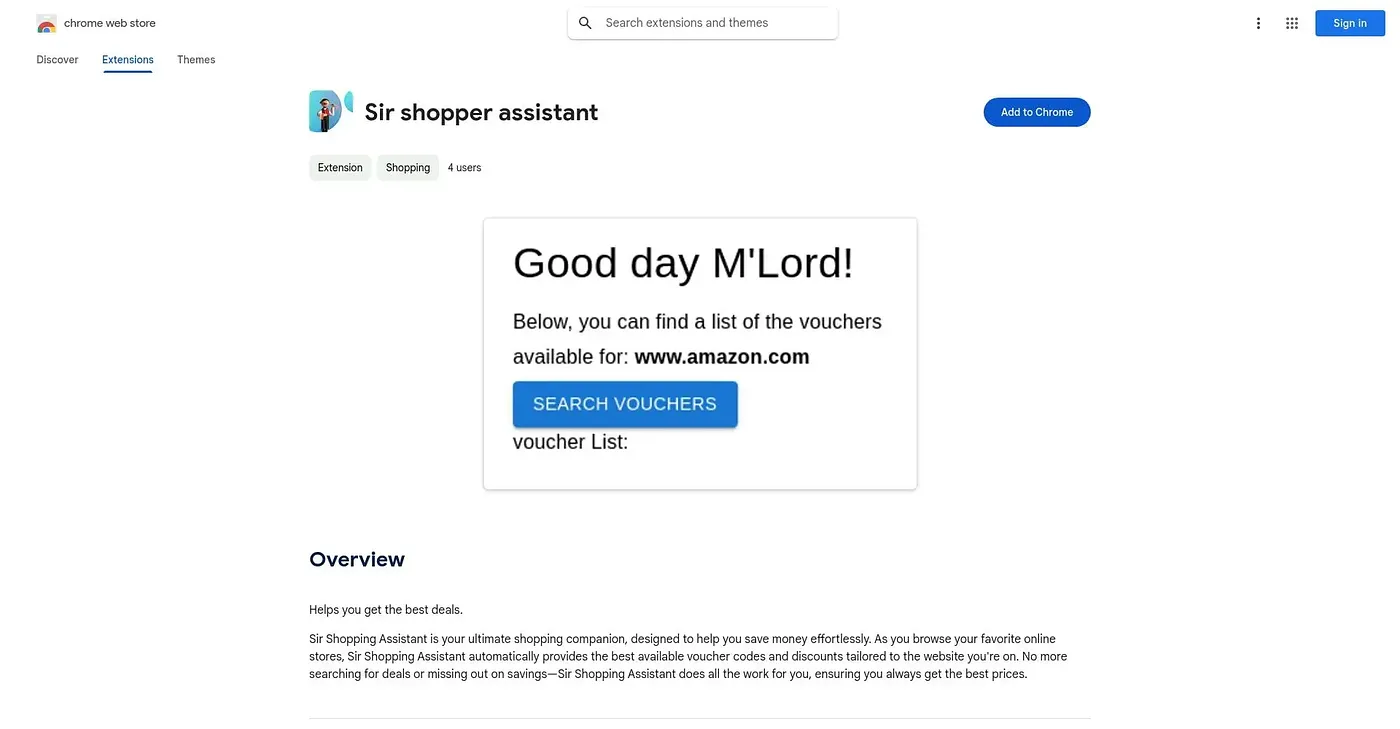 Screenshot of Sir Shopper Assistant Chrome Extension