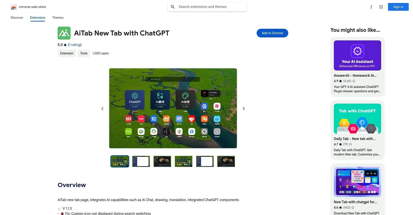 Screenshot of AiTab New Tab with ChatGPT Extension
