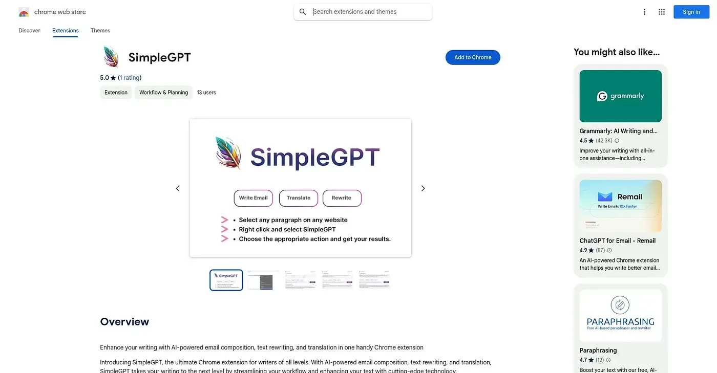 Screenshot of SimpleGPT Chrome Extension
