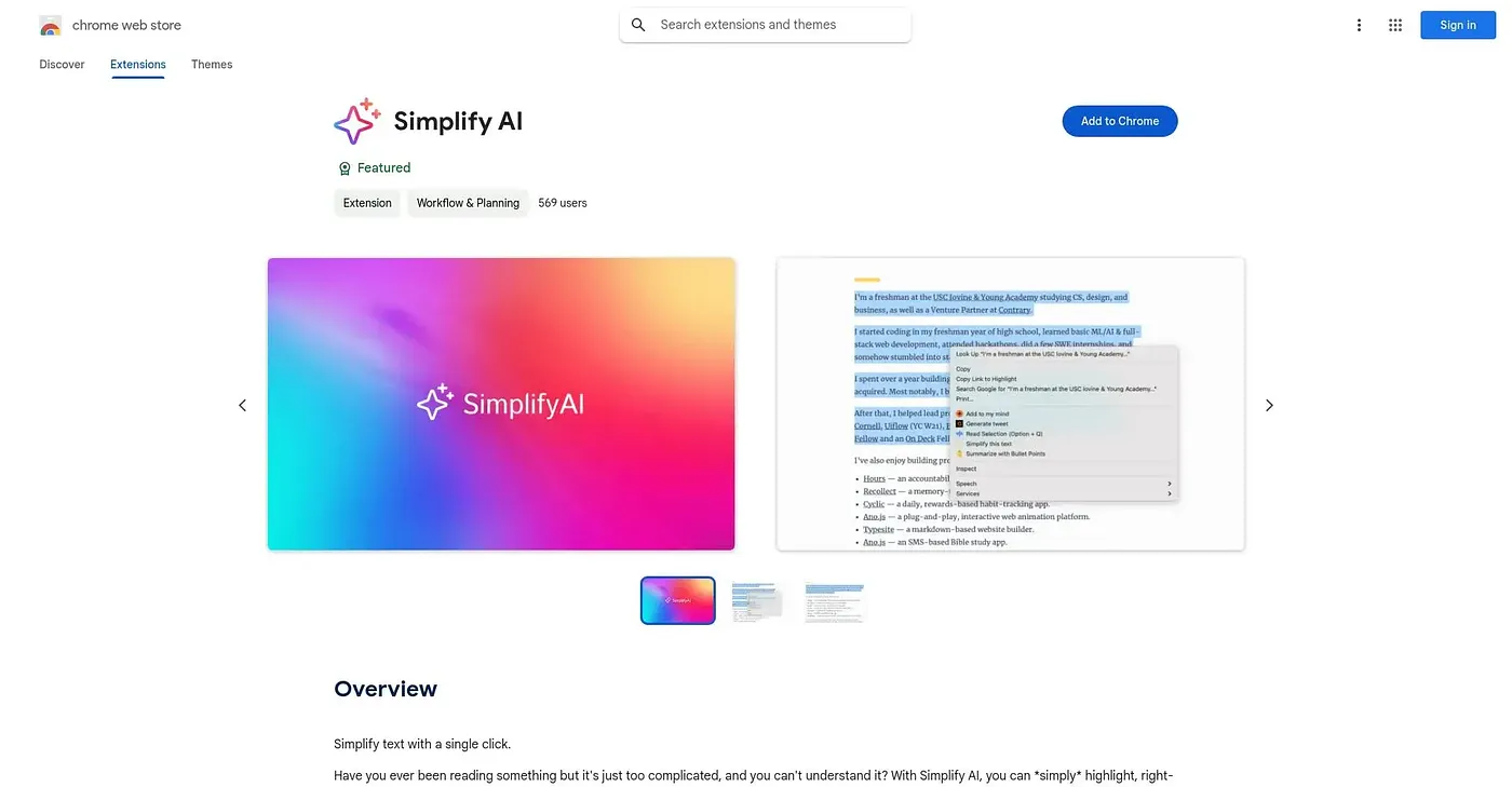 Screenshot of Simplify AI Chrome Extension