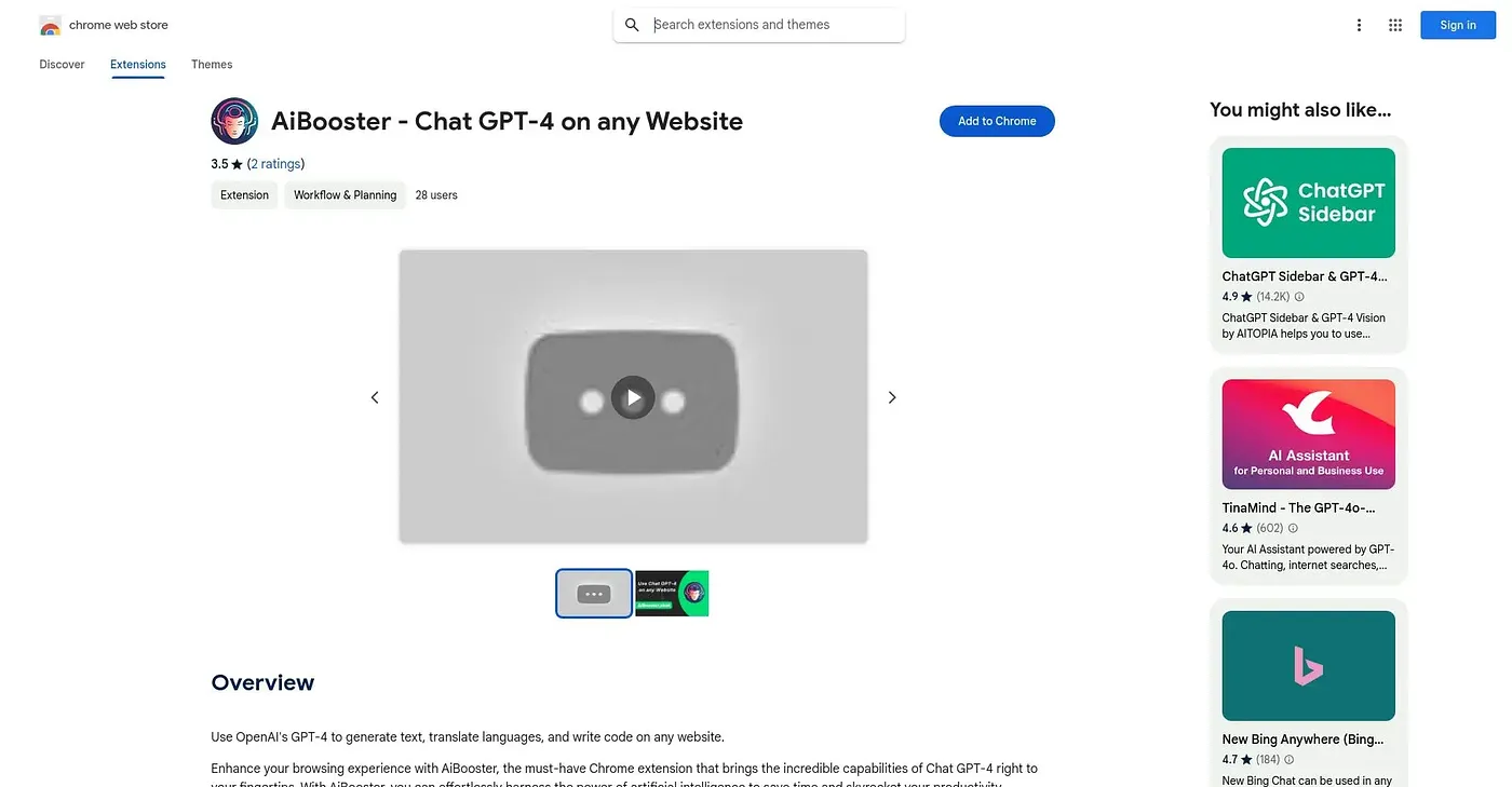 Screenshot of Aibooster Chat GPT-4 On A Chrome Extension