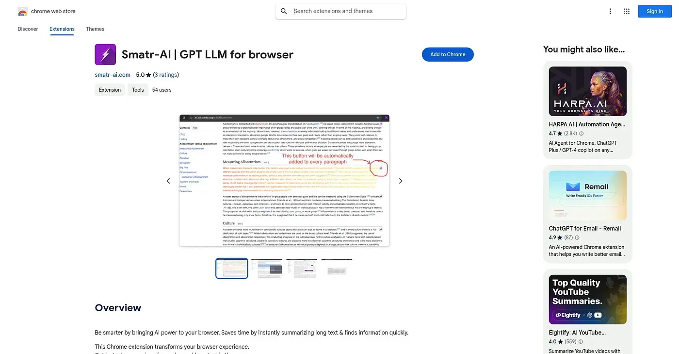 Screenshot of Smatr AI GPT LLM for Brow Chrome Extension