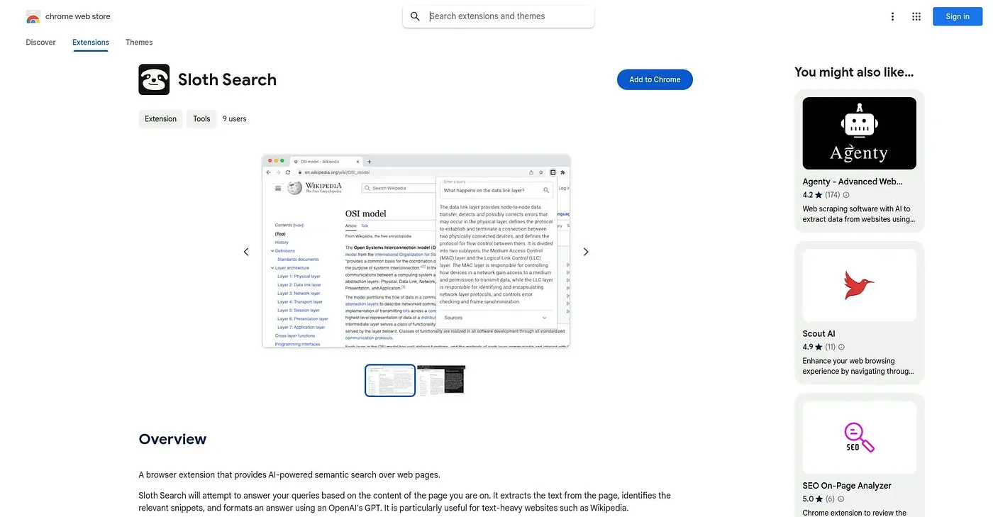 Screenshot of Sloth Search Chrome Extension