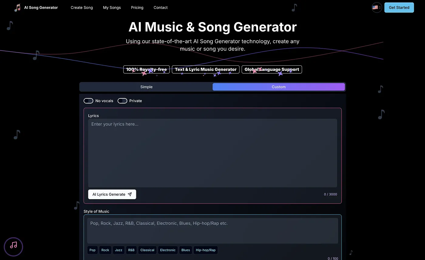 Screenshot of Song Generator AI