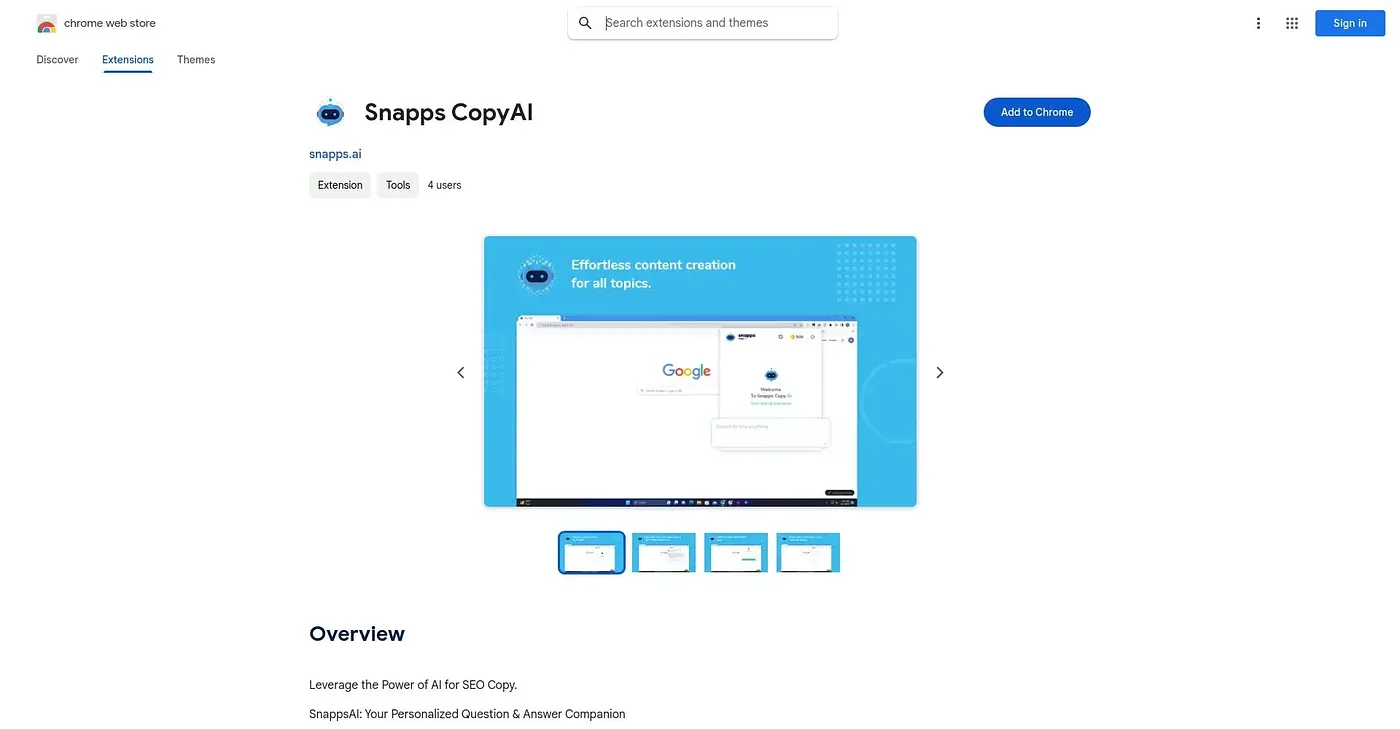 Screenshot of Snapps CopyAI Chrome Extension