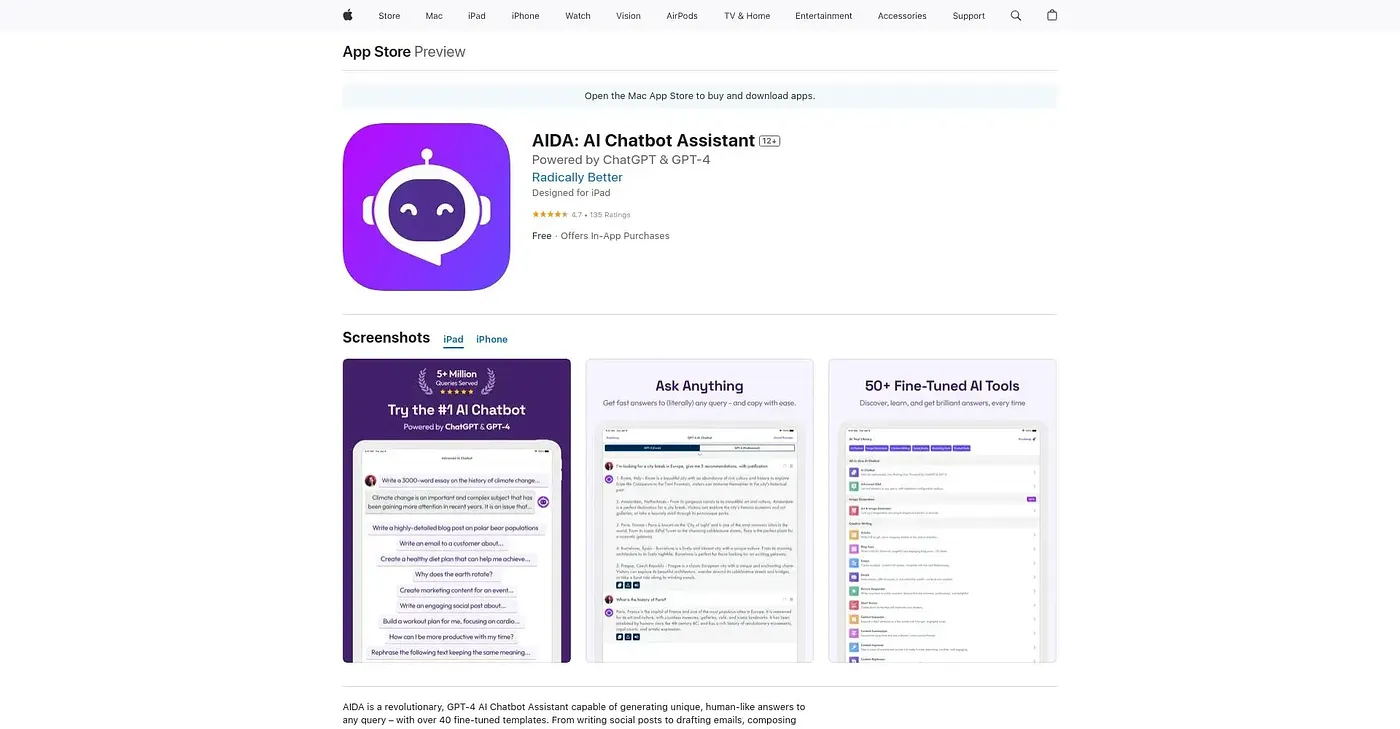 Screenshot of Aida AI Chatbot Assistant