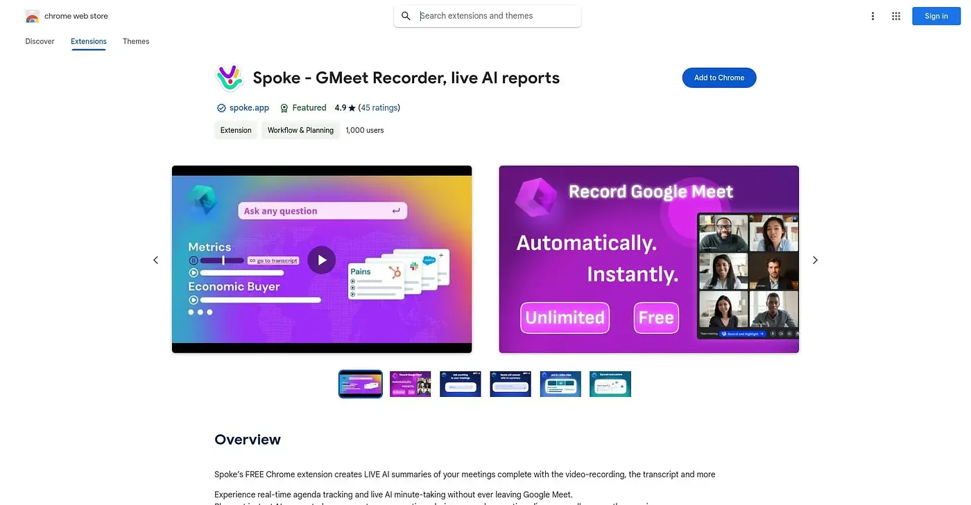 Screenshot of Spoke Gmeet Recorder Live Chrome Extension