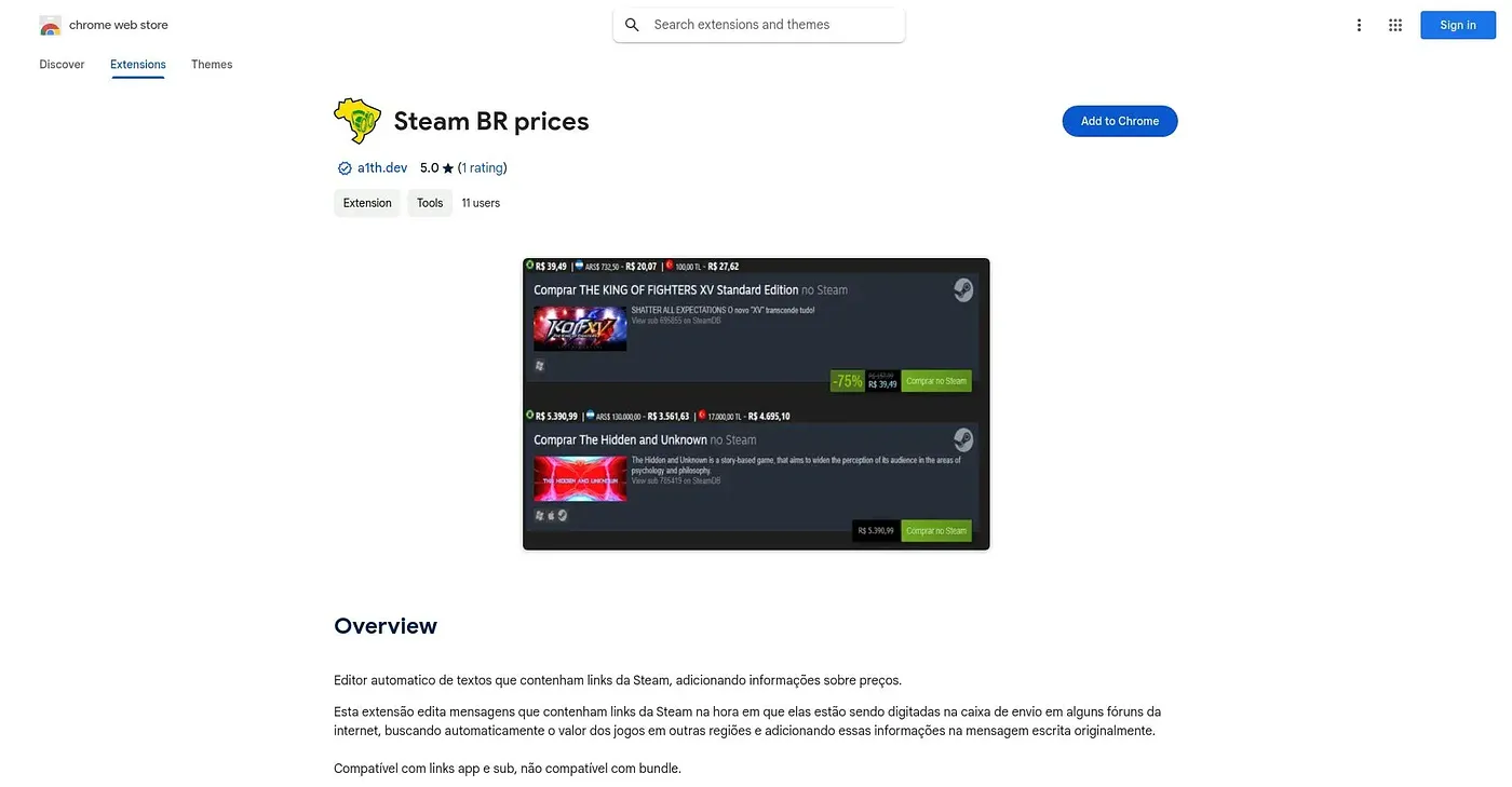 Screenshot of Steam BR Prices - Chrome Extension