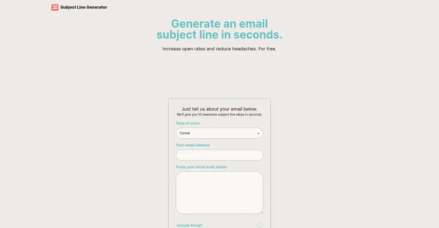 Screenshot of Subject Line Generator
