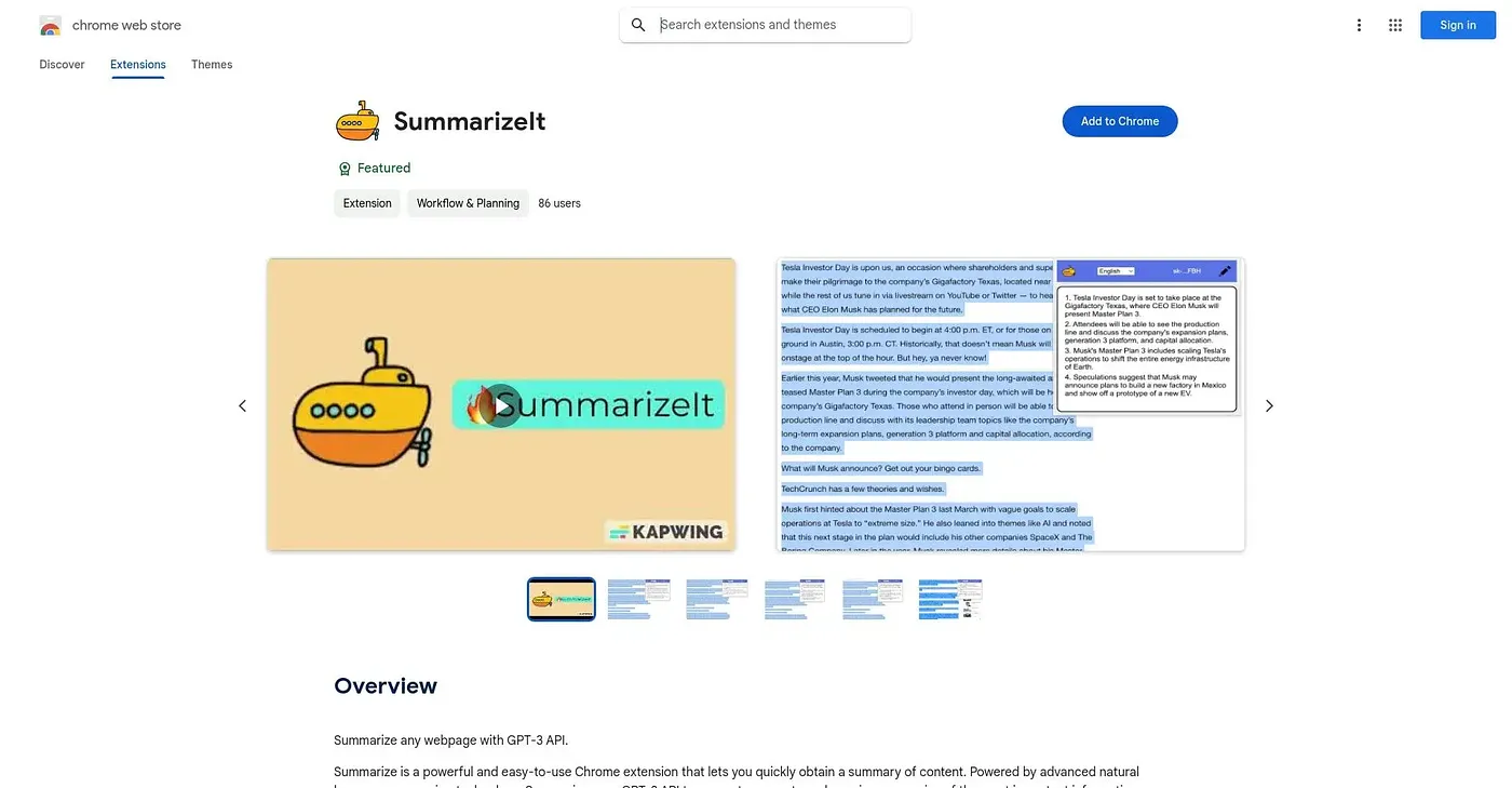 Screenshot of Summarize - Chrome Extension