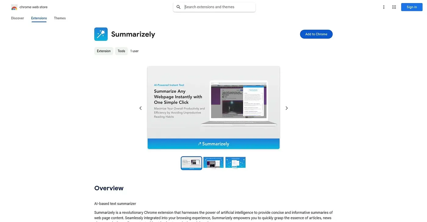 Screenshot of Summarizely Chrome Extension