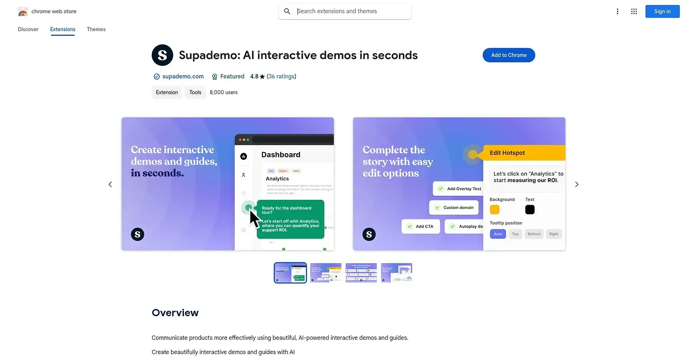 Screenshot of Supademo AI Interactive Demos Chrome Extension