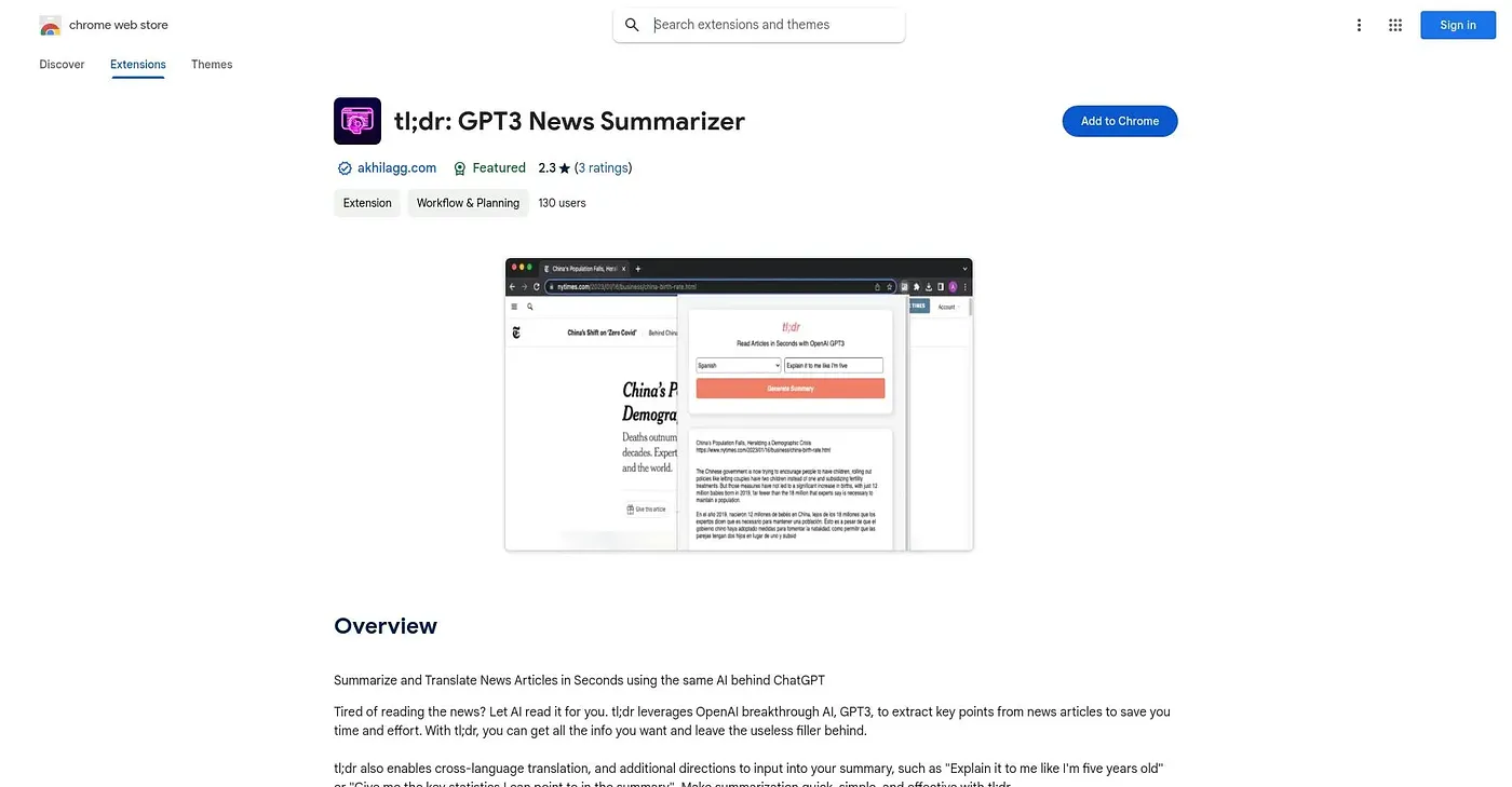 Screenshot of TLDR GPT3 News Summarizer - Chrome Extension