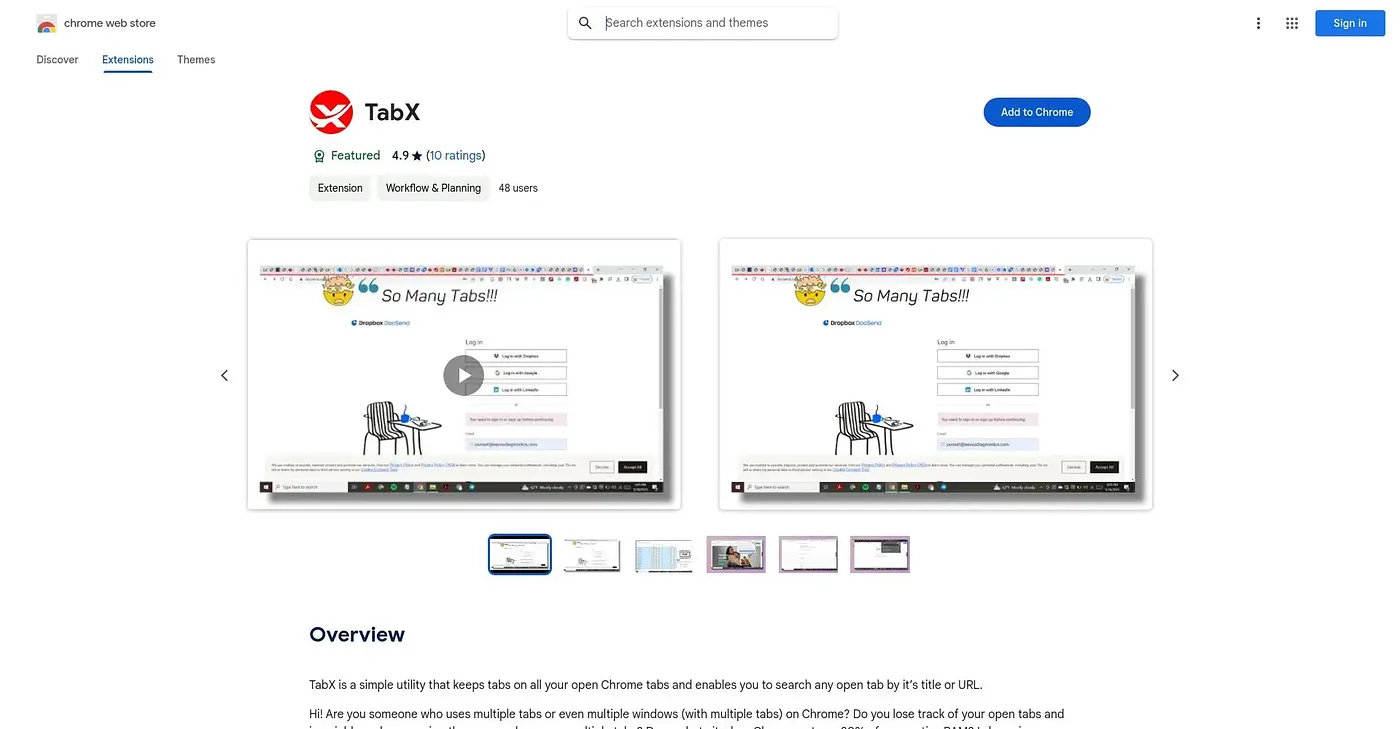 Screenshot of TabX Chrome Extension