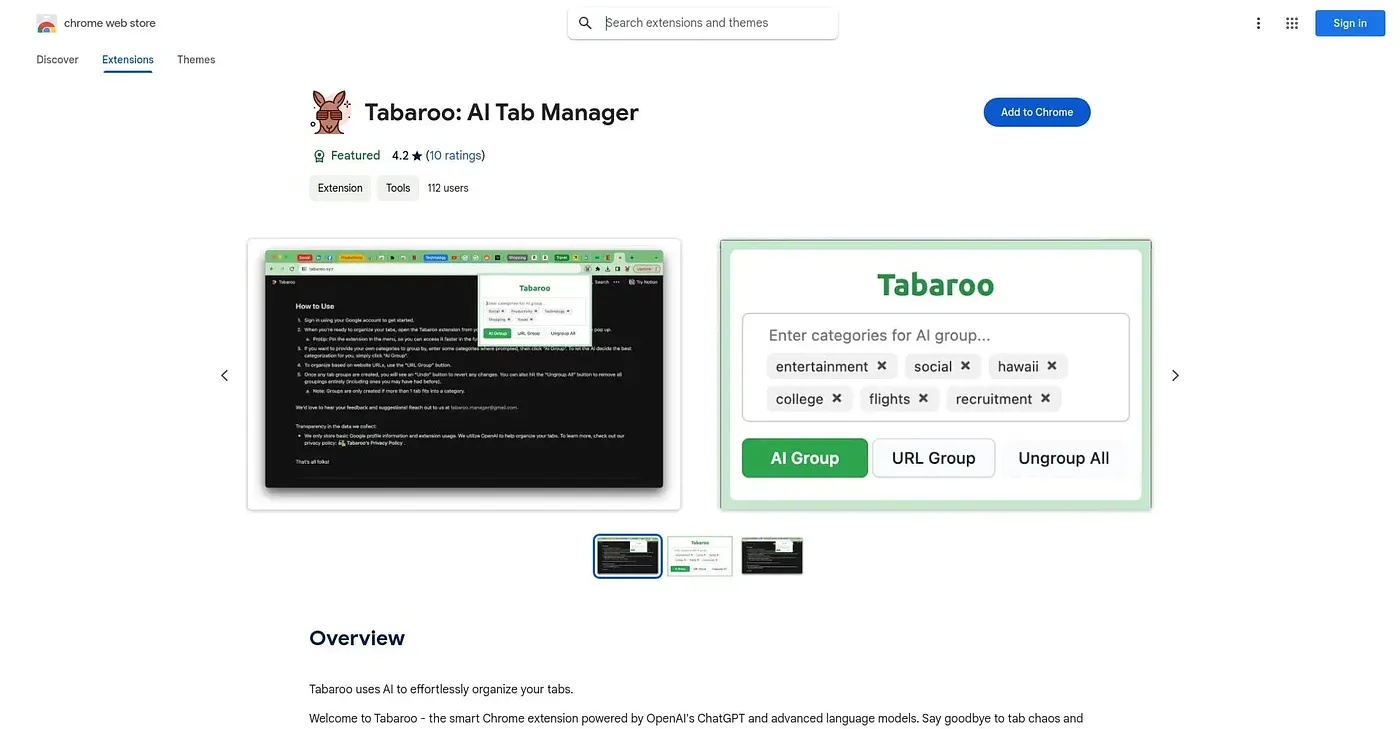 Screenshot of Tabaroo AI Tab Manager Chrome Extension