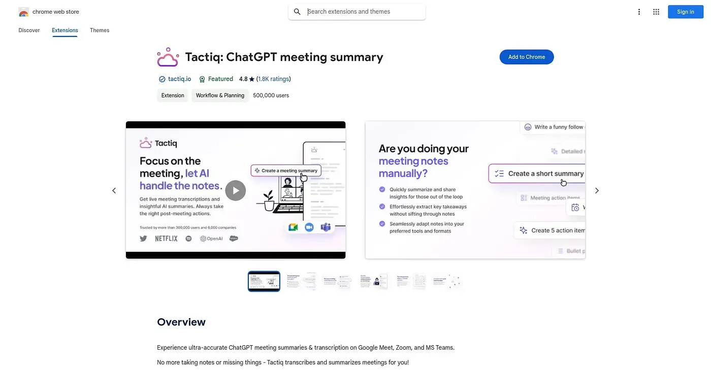 Screenshot of Tactiq ChatGPT Meeting Summary - Chrome Extension