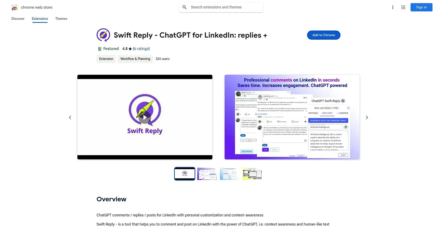 Screenshot of Swift Reply ChatGPT for LinkedIn