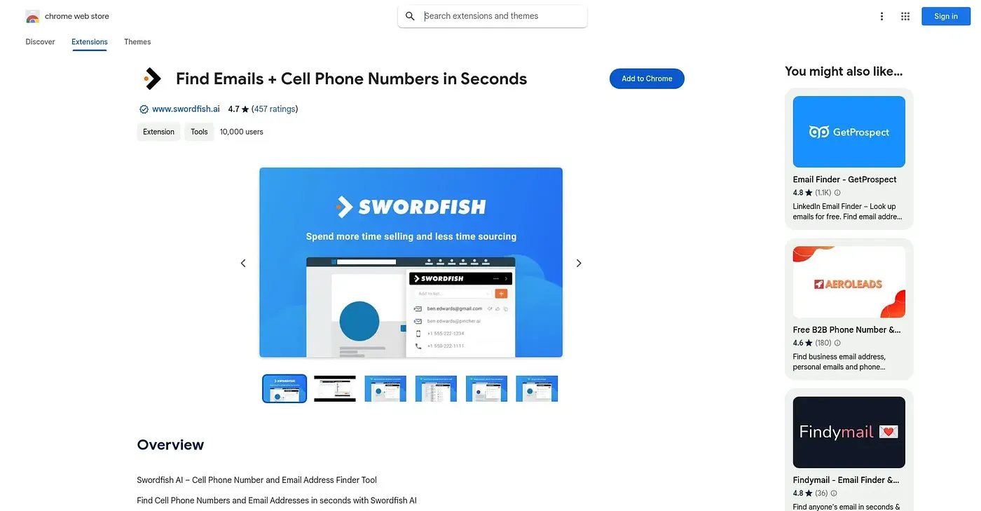 Screenshot of Swordfish AI – Cell Phone Number and Email Address Finder Tool Chrome Extension