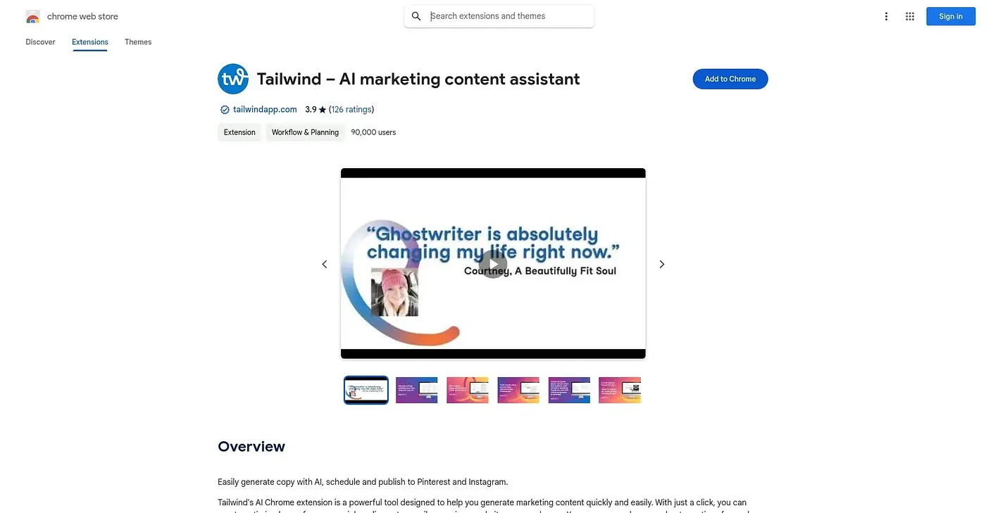 Screenshot of Tailwind – AI Marketing Chrome Extension