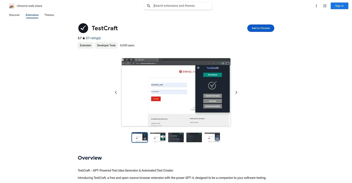 Screenshot of TestCraft - GPT-Powered Test Idea Generator & Automated Test Creator Chrome Extension