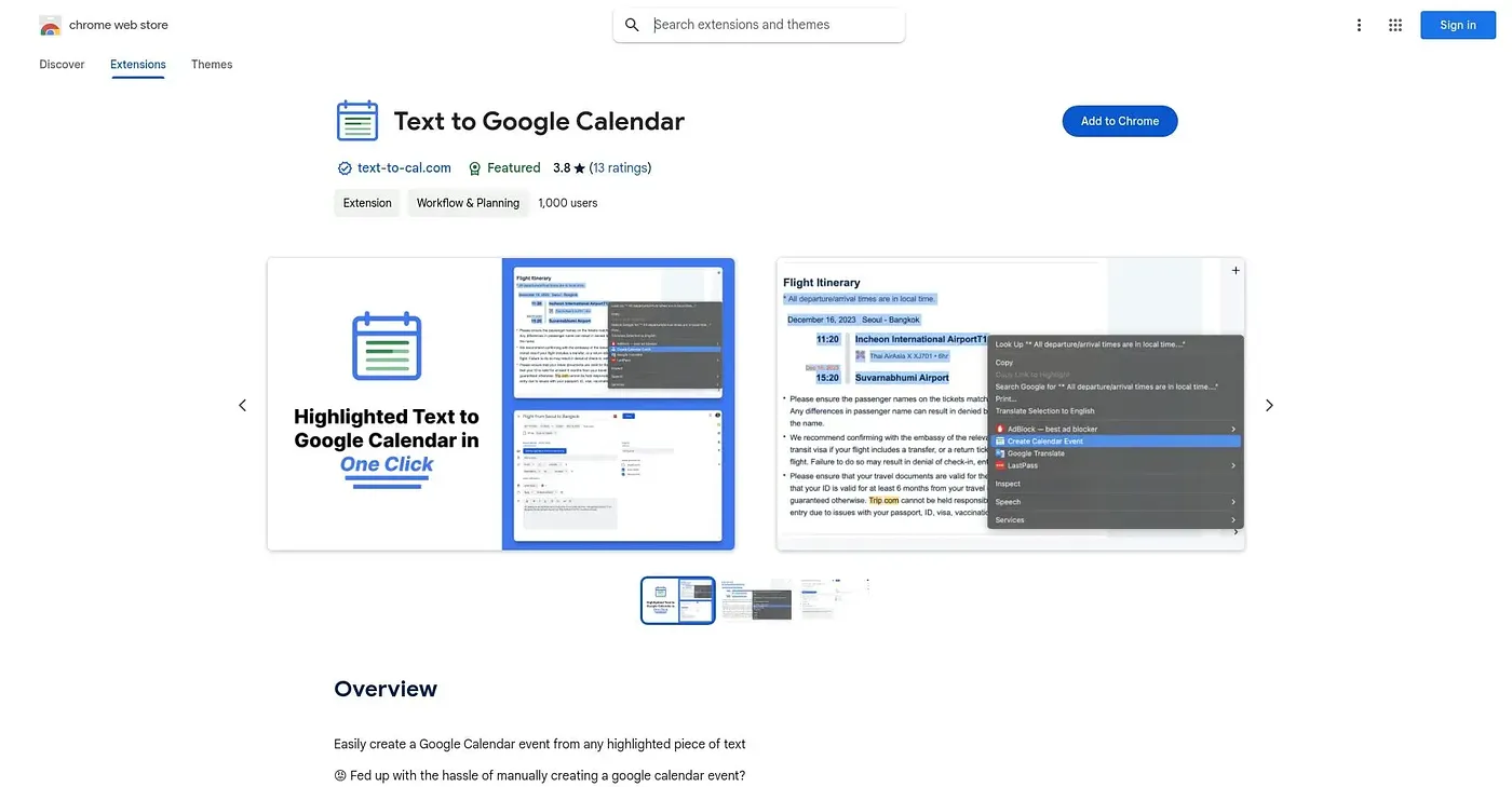 Screenshot of Text To Google Calendar Chrome Extension